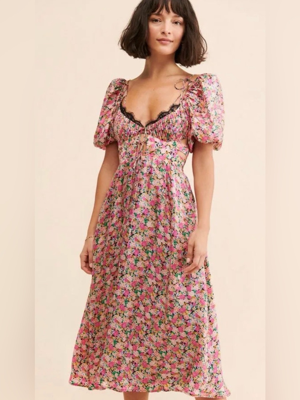 🍋 For Love & Lemons Isadora Floral Midi Dress Pink Black Puff Sleeve Cottagecore
